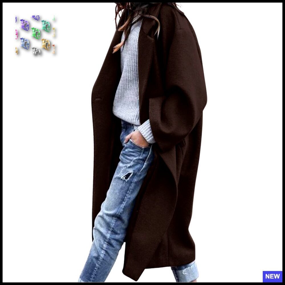 Oversized Wool Blend Trench Coat Notched Collar Pea Coat Midi Length Chic